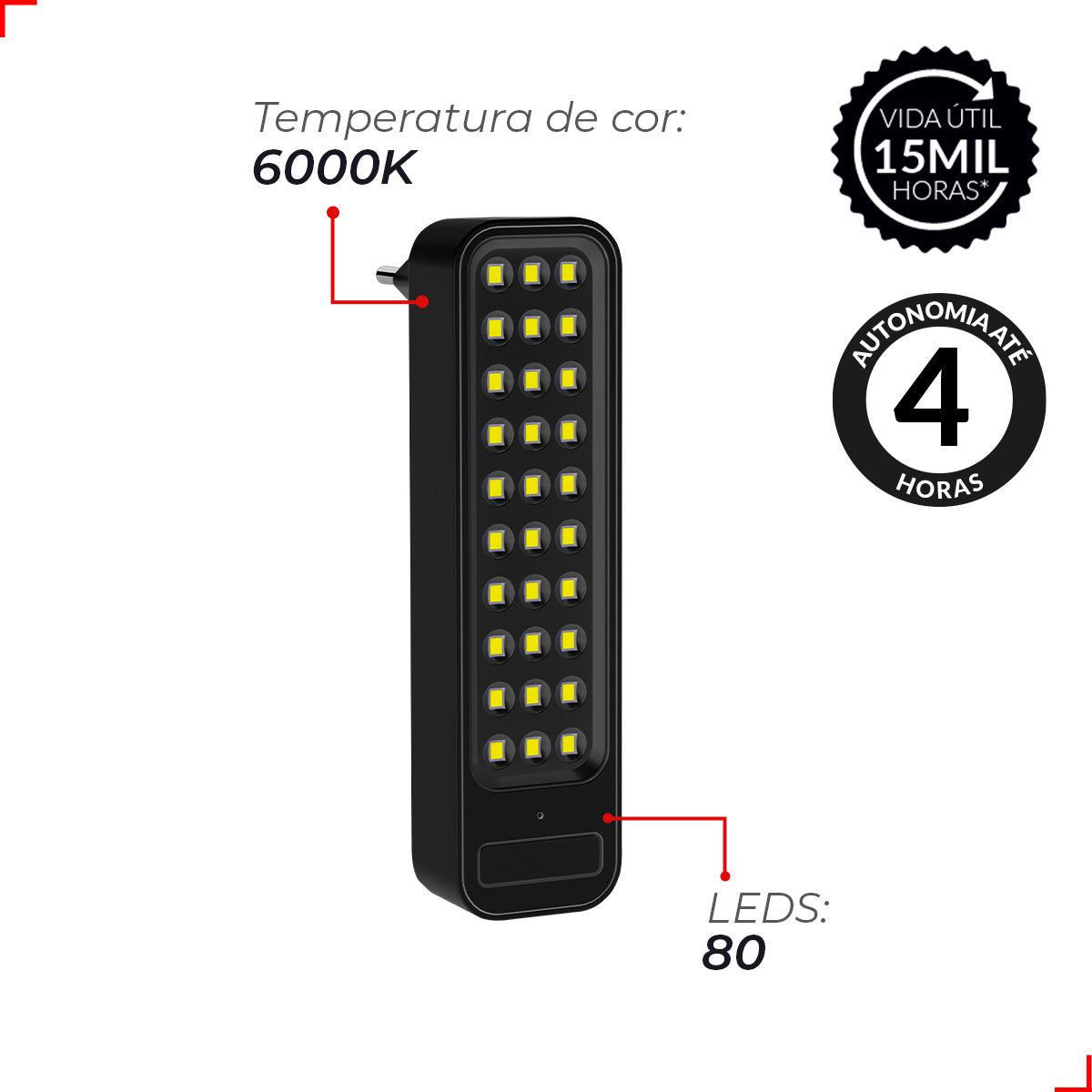 Luminária Emergência Barra Plug 2w 120lm 6000K Branco Frio Até 4 Horas Preto Avant