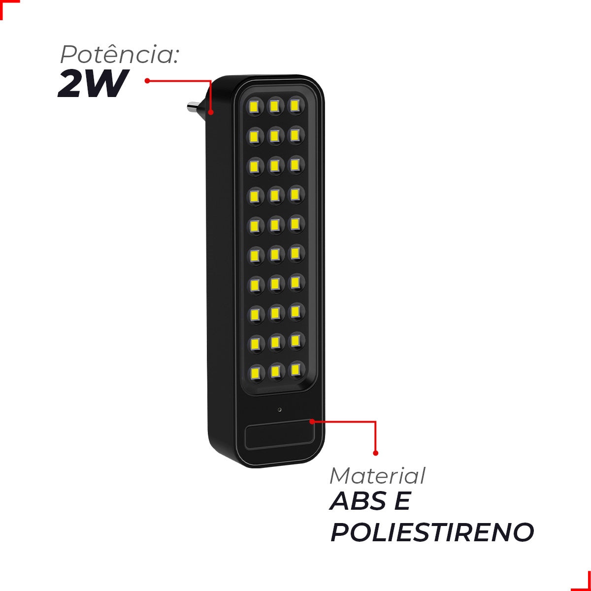 Luminária Emergência Barra Plug 2w 120lm 6000K Branco Frio Até 4 Horas Preto Avant
