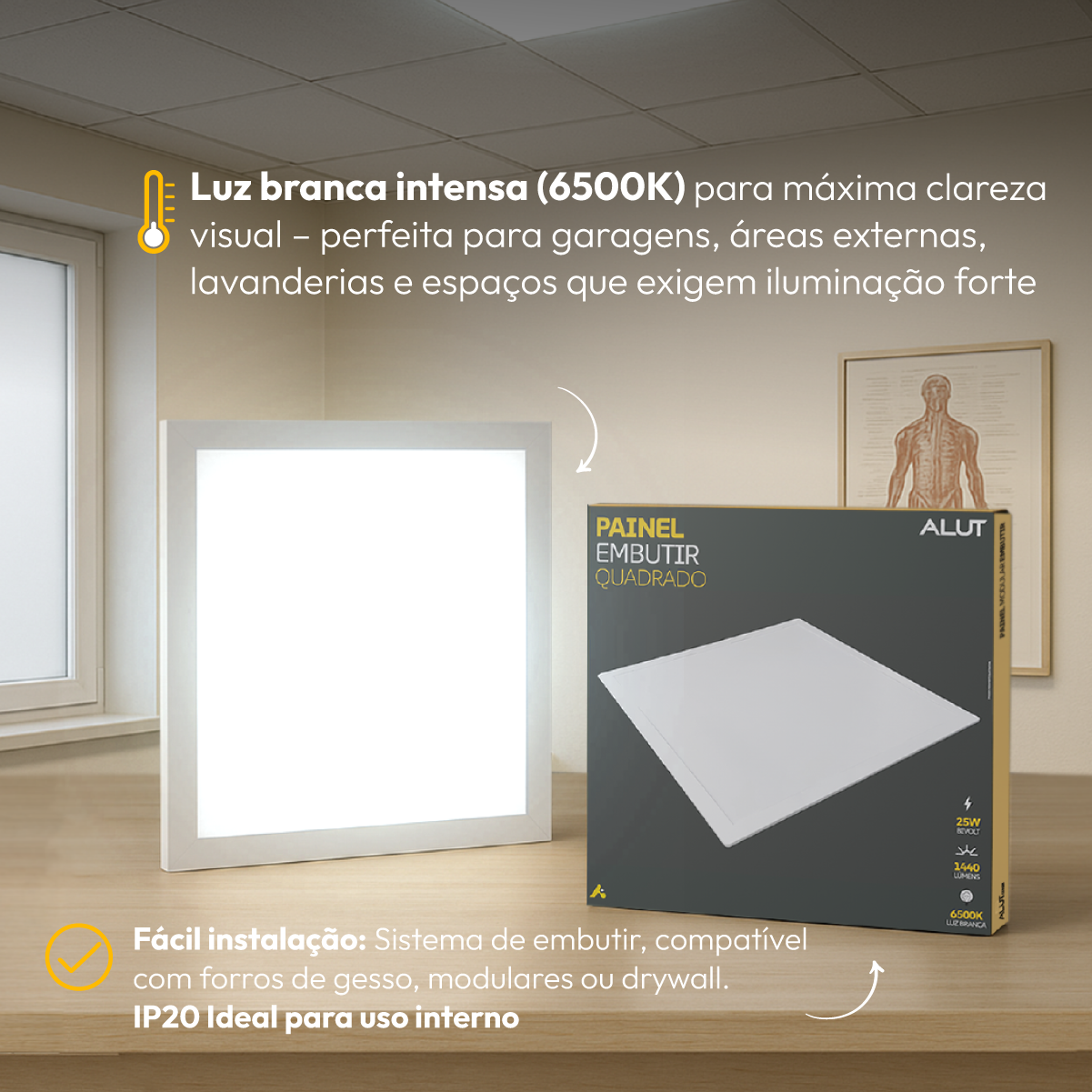 Painel de Teto Led Plafon 18w 6500k Bivolt Embutir Quadrado Branco Alut