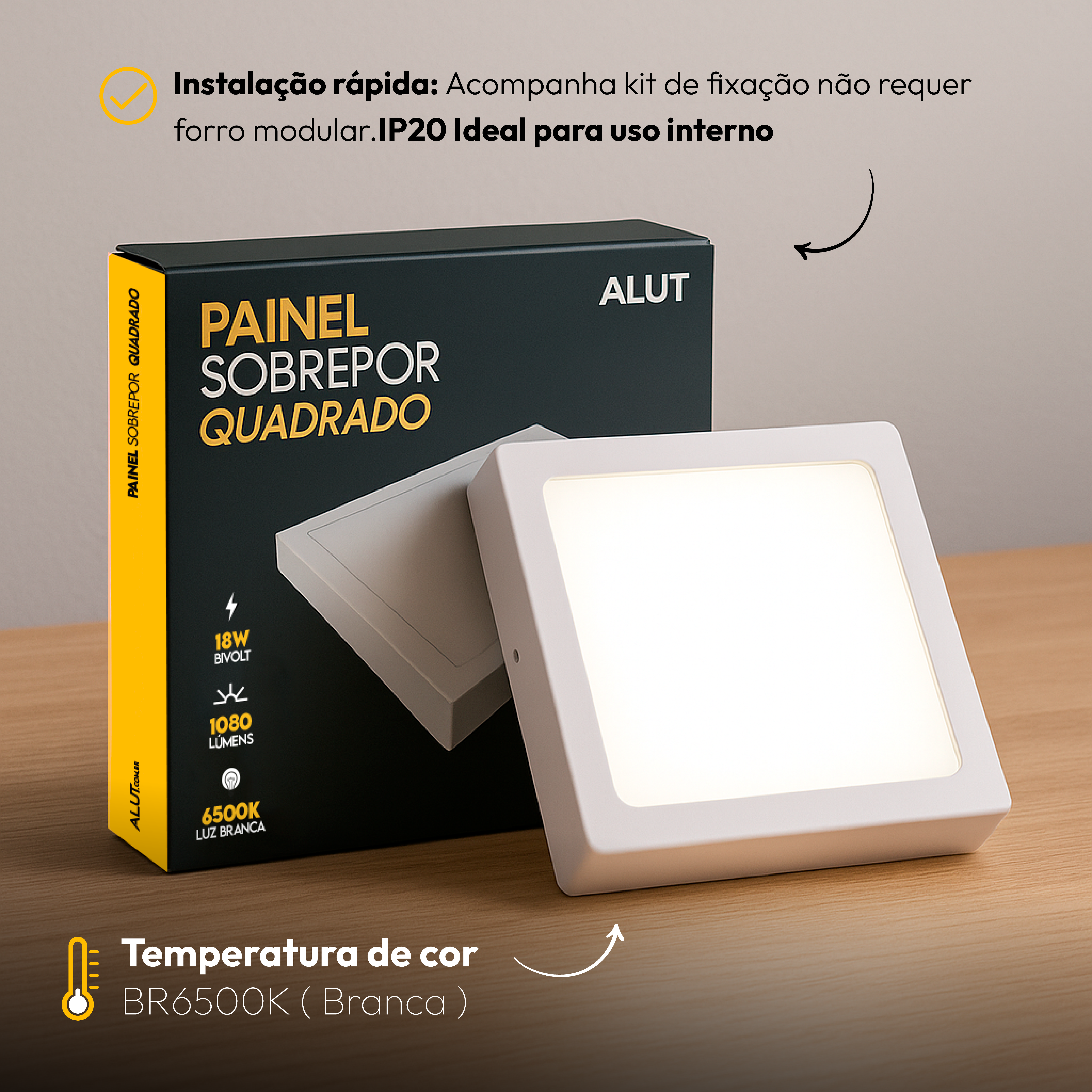 Painel de Teto Led Plafon 18w 6500k Branco Frio Bivolt Sobrepor Quadrado Alut