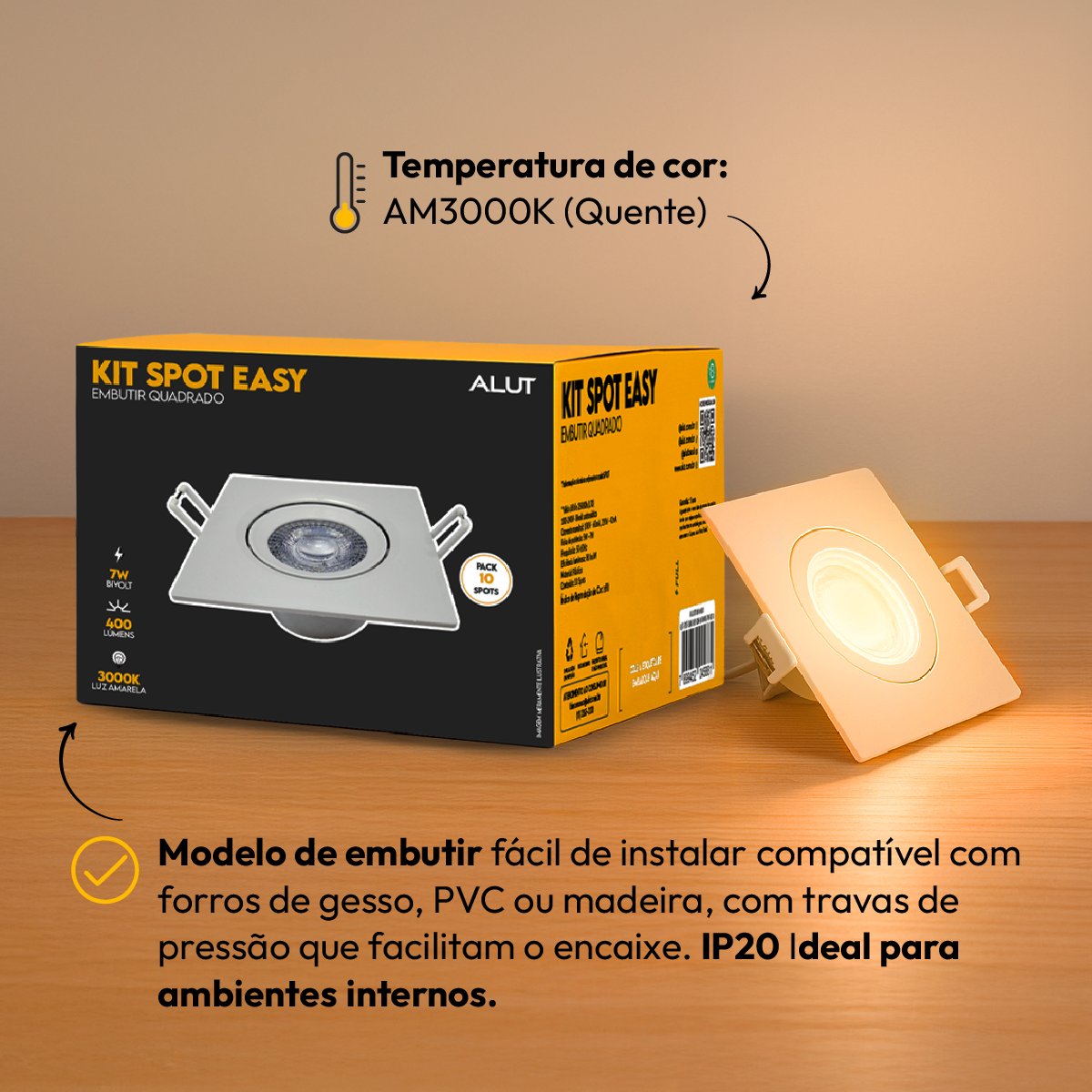 Kit 10 Spot de Embutir 7w 3000k Bivolt Quadrado Alut