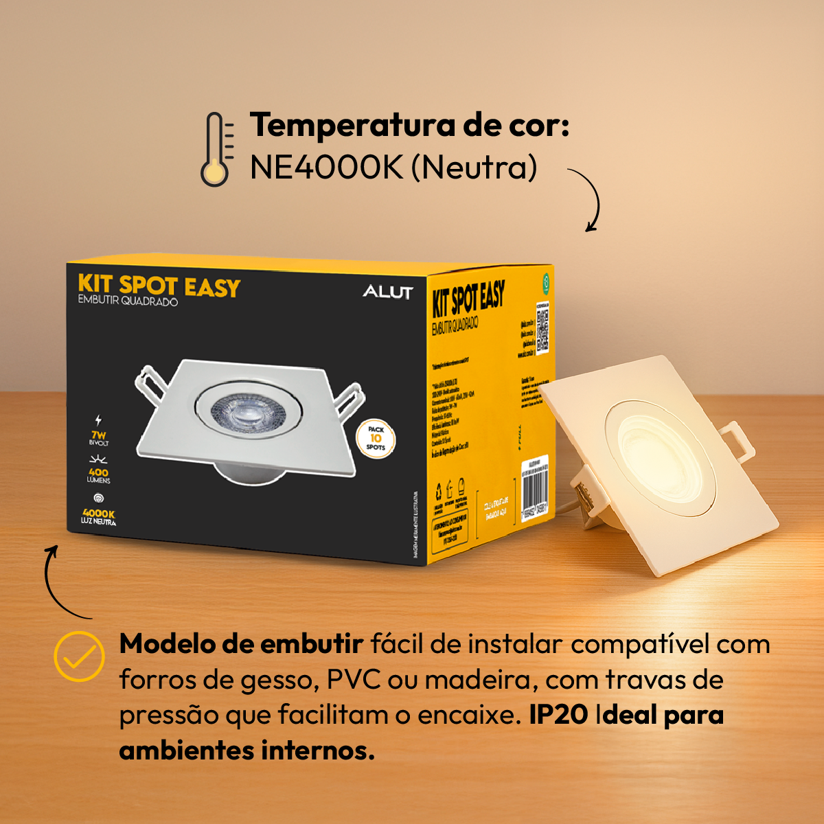 Kit 10 Spot Led Easy 7w 4000k Bivolt Embutir Quadrado Alut