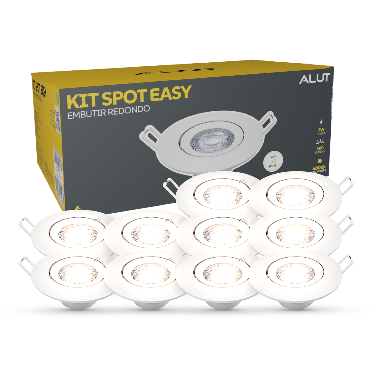 Kit 10 Spot Led Embutir 7w 4000k Branco Neutro 110v/220v Bivolt Ip20 Redondo Branco Cod: ALUT000606 Alut