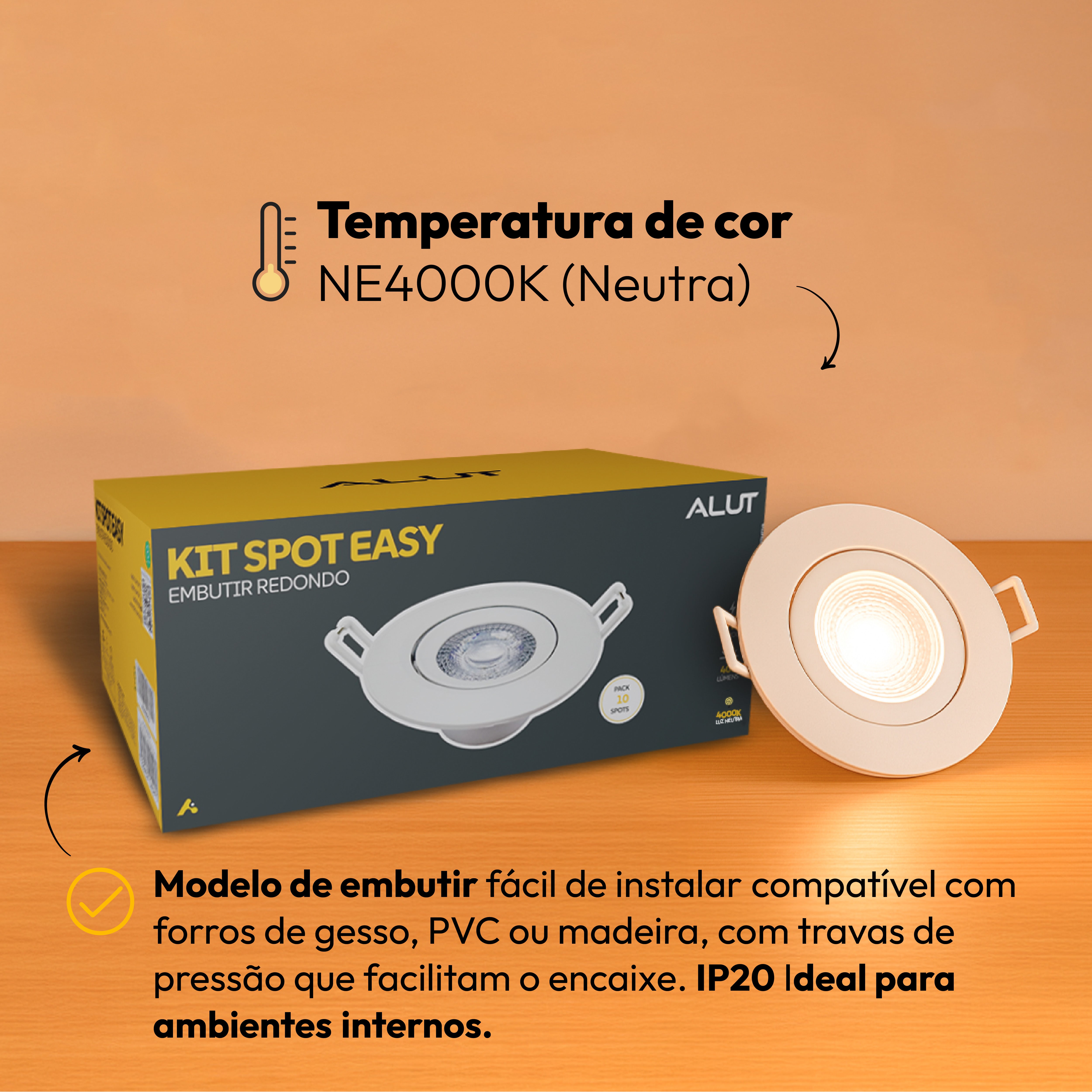 Kit 10 Spot Led Embutir 7w 4000k Branco Neutro 110v/220v Bivolt Ip20 Redondo Branco Cod: ALUT000606 Alut