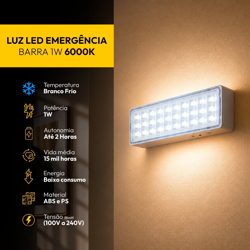 Luminária Emergência Barra 1w 100lm 6000K Branco Frio 4 Horas Bivolt Branco Alut