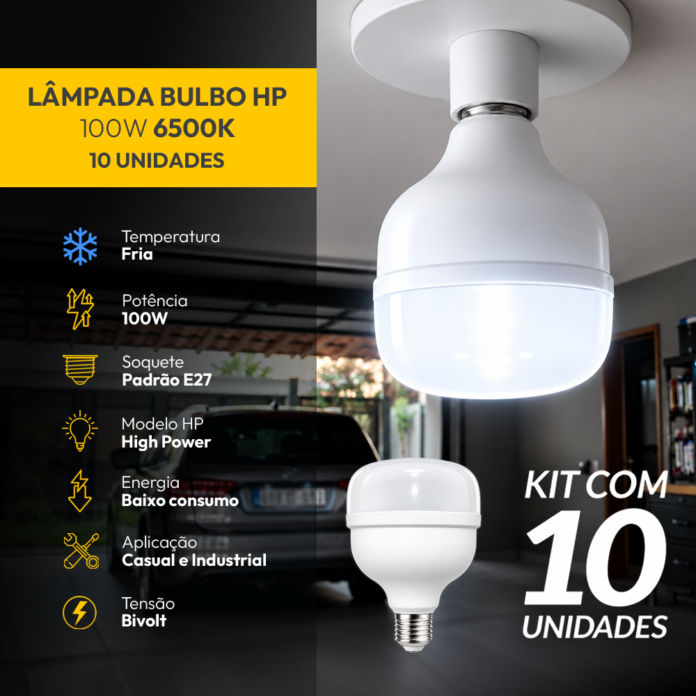 Kit 10 Lâmpadas Led Bulbo Hp 100w 6500k Branco Frio E27 Bivolt IP20 Alut