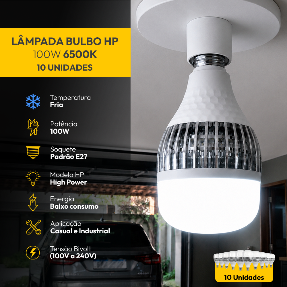 Kit 10 Lâmpadas Led Bulbo Hp 100w 6500k Branco Frio E27 Bivolt IP20 Alut