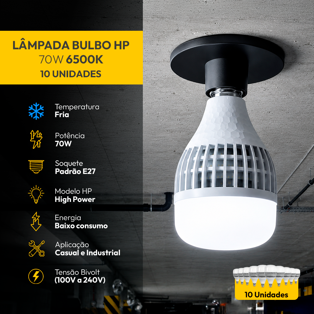 Kit 10 Lâmpadas Led Bulbo HP 70W 6500K Branco Frio Bivolt E27 Alut