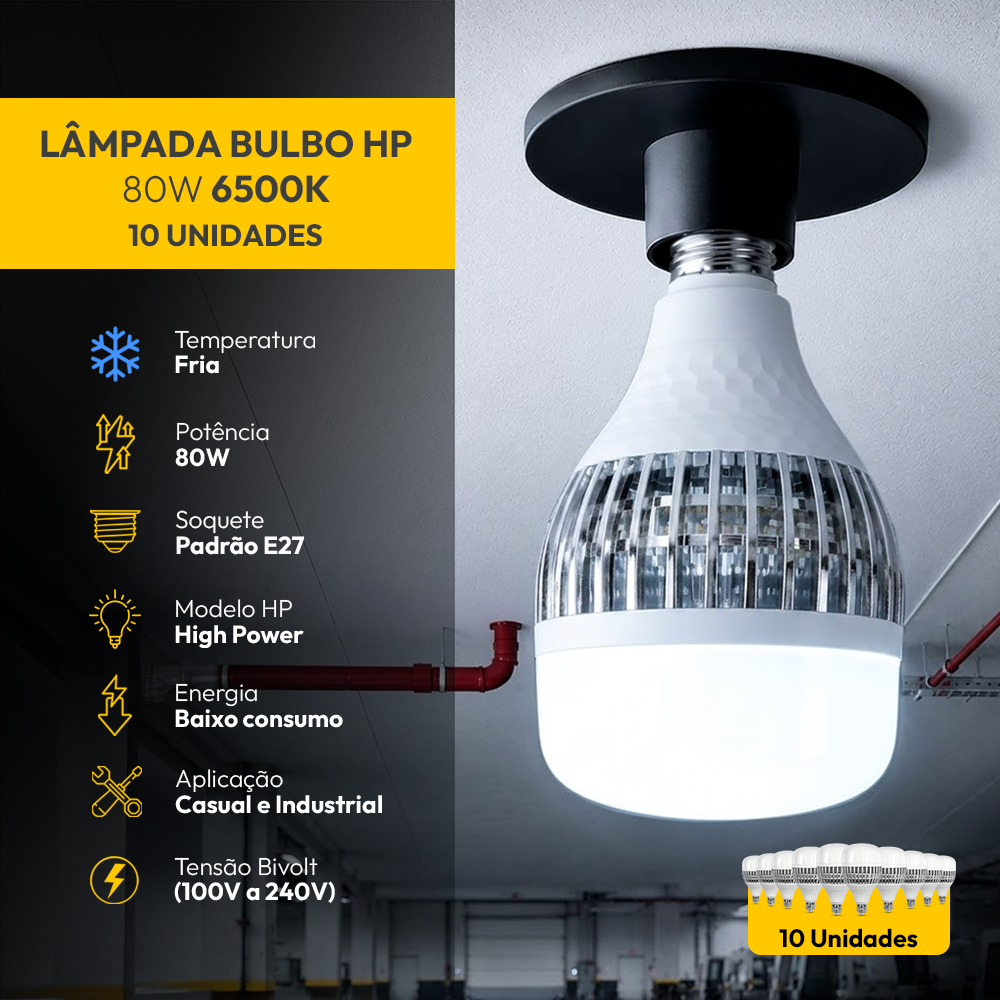 Kit 10 Lâmpadas Led Bulbo HP 80W 6500K Branco Frio E27 Bivolt Alut