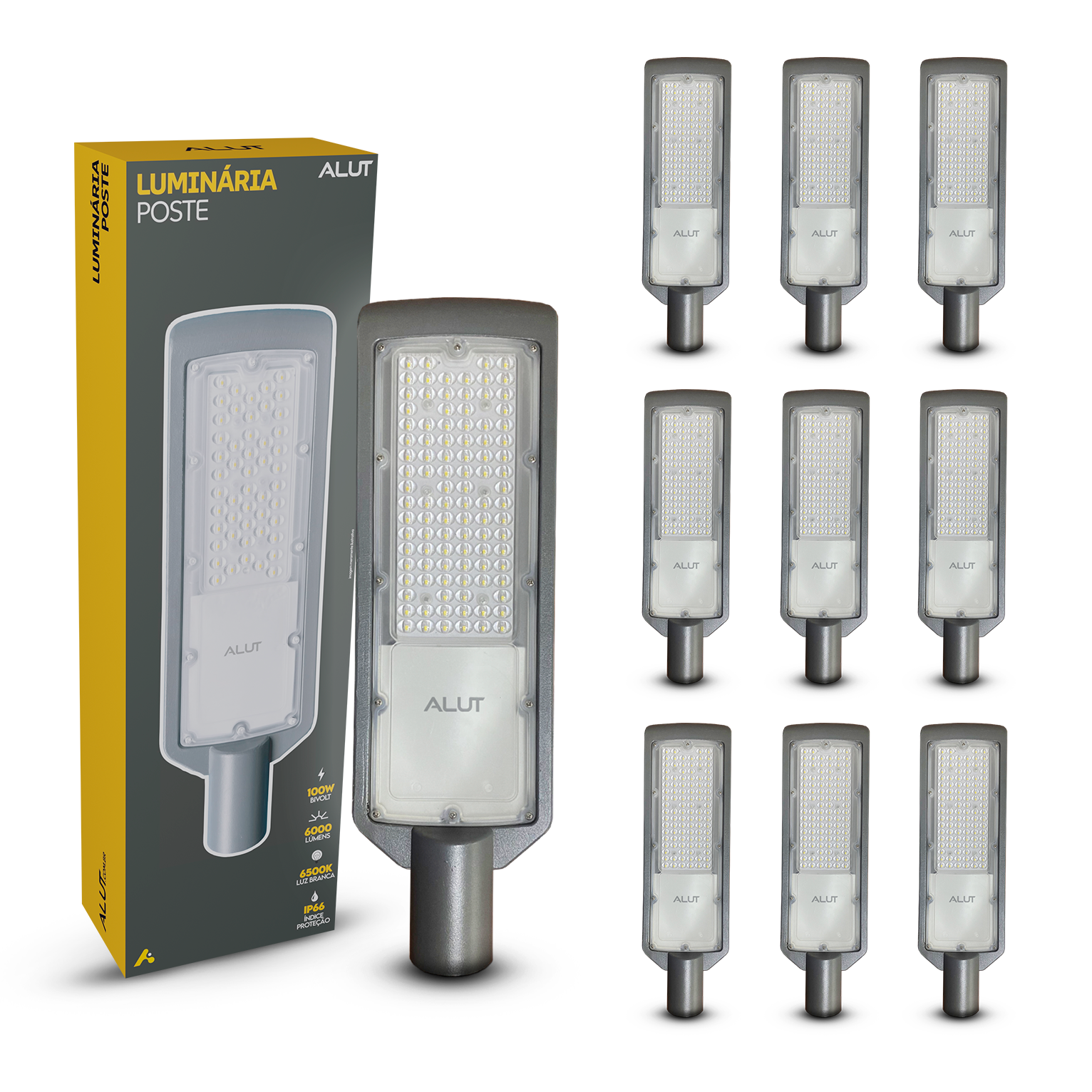 Kit 10 Luminária Led Poste Estacionamento 100W 6500K Bivolt IP66 Alut