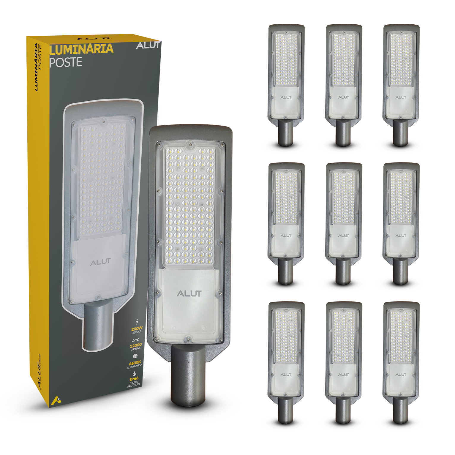 Kit 10 Luminárias Led Poste Estacionamento 200W 6500k Bivolt IP66 Alut