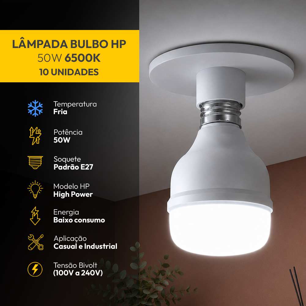 Kit 10 Lâmpadas Led Bulbo HP 50W 6500k Branco Frio E27 Bivolt Alut