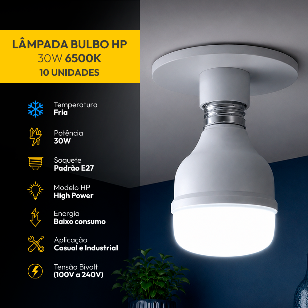 Kit 10 Lâmpadas Led Bulbo HP 30W E27 6500k Branco Frio Bivolt Alut