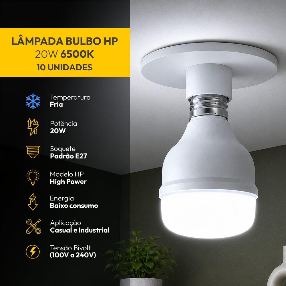 Kit 10 Lâmpadas Led Bulbo HP 20w E27 6500k Branco Frio Bivolt Alut