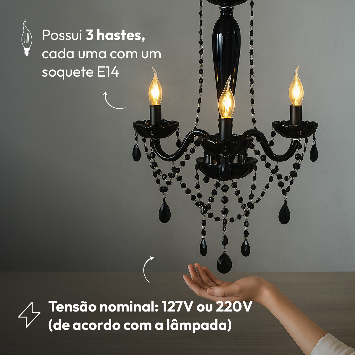 Lustre Maria Thereza 3 Lâmpadas E14 Preto Alut