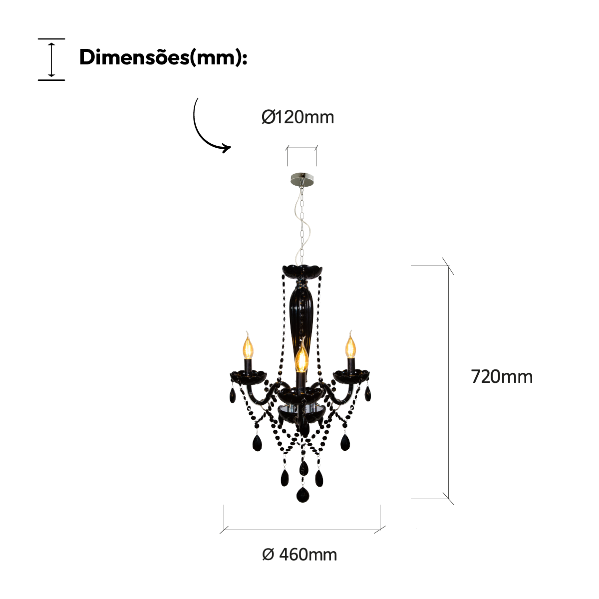Lustre Maria Thereza 3 Lâmpadas E14 Preto Alut