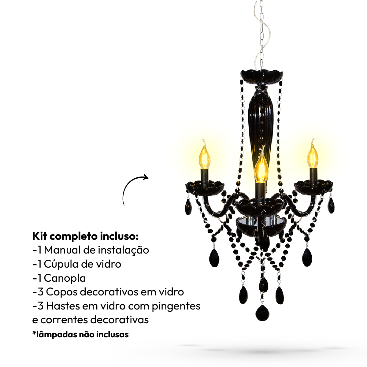 Lustre Maria Thereza 3 Lâmpadas E14 Preto Alut
