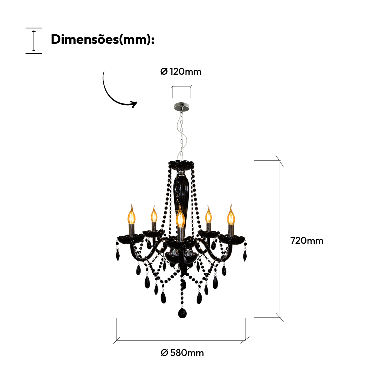 Lustre Maria Thereza 5 Lâmpadas E14 Preto Alut