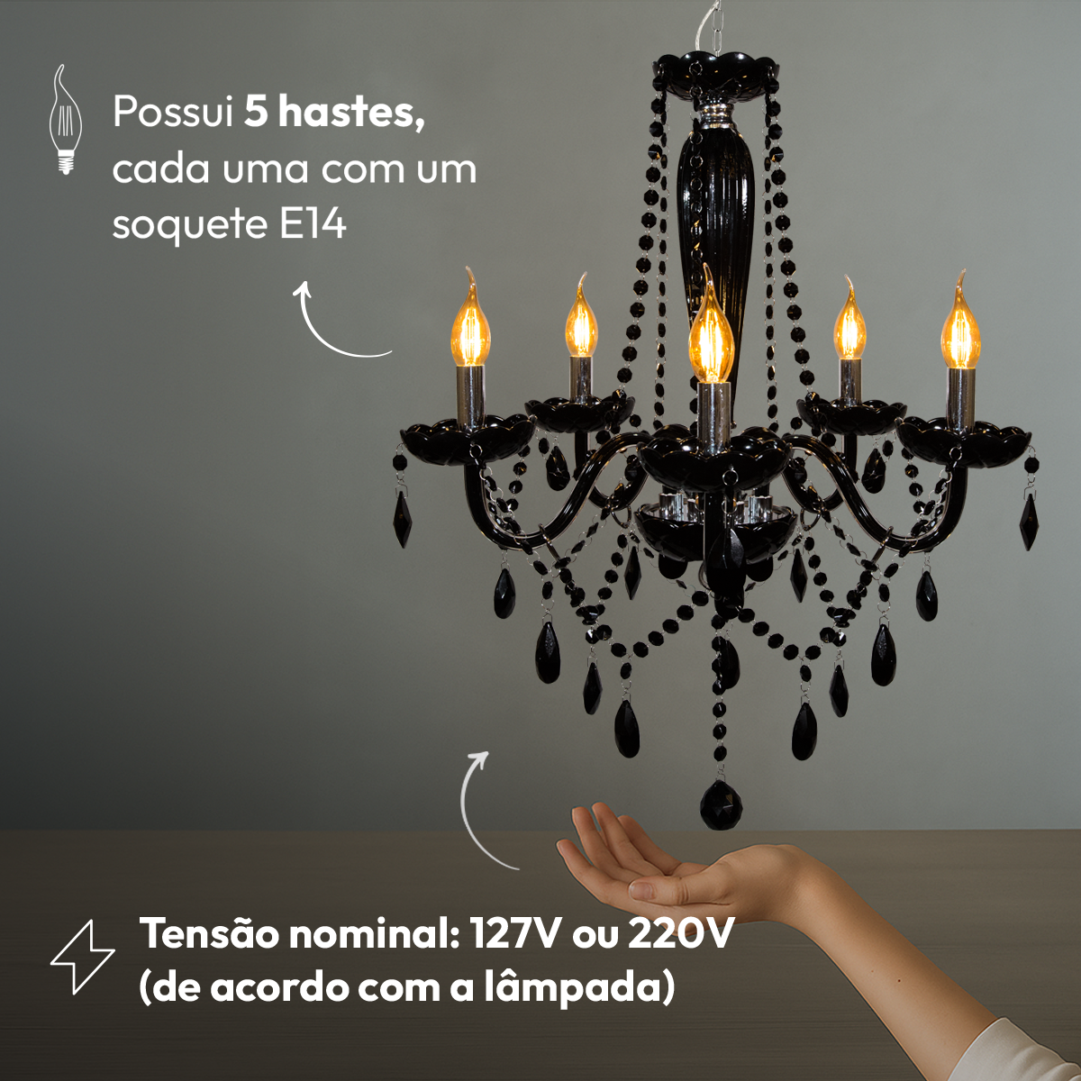 Lustre Maria Thereza 5 Lâmpadas E14 Preto Alut