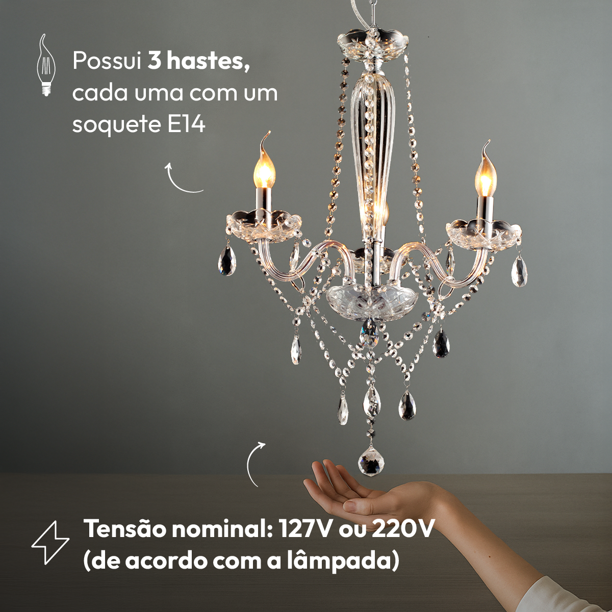 Lustre Maria Thereza 3 Lâmpadas E14 Transparente Alut