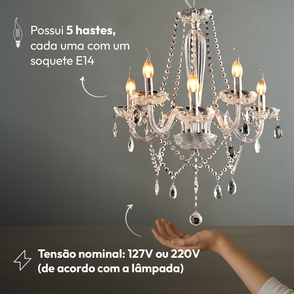 Lustre Maria Thereza 5 Lâmpadas E14 Transparente Alut