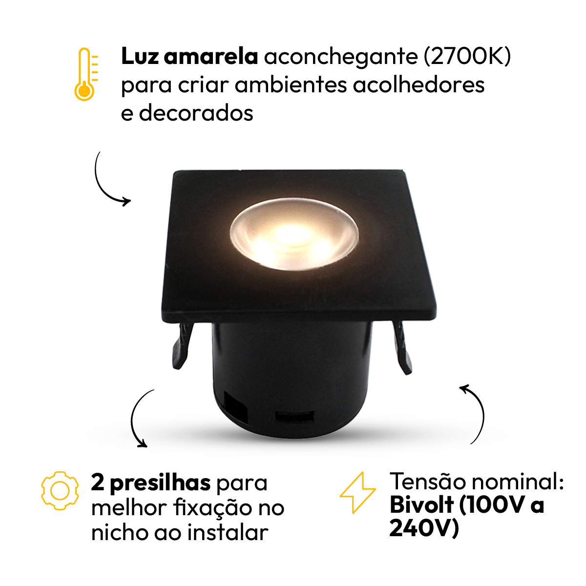 Mini Spot Led Móveis sob 1,5w 2700k Quadrado Preto Alut