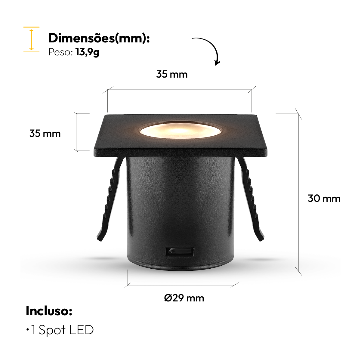 Mini Spot Led Móveis sob 1,5w 2700k Quadrado Preto Alut