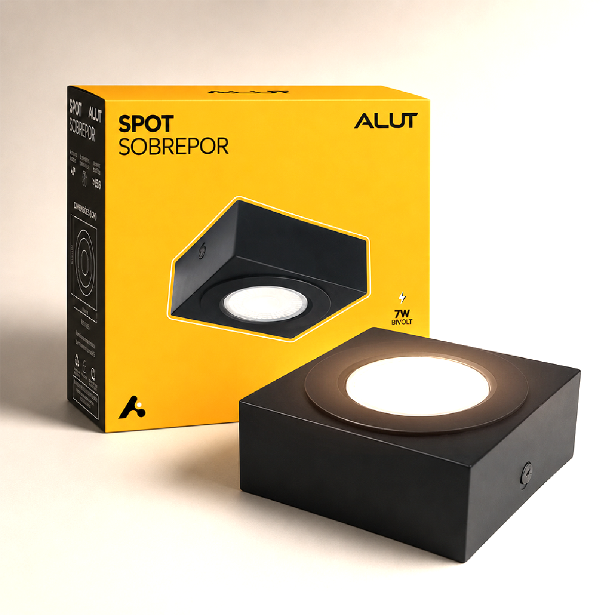 Spot Beiral Led Incluso 3000k Branco Quente Quadrado Preto Alut