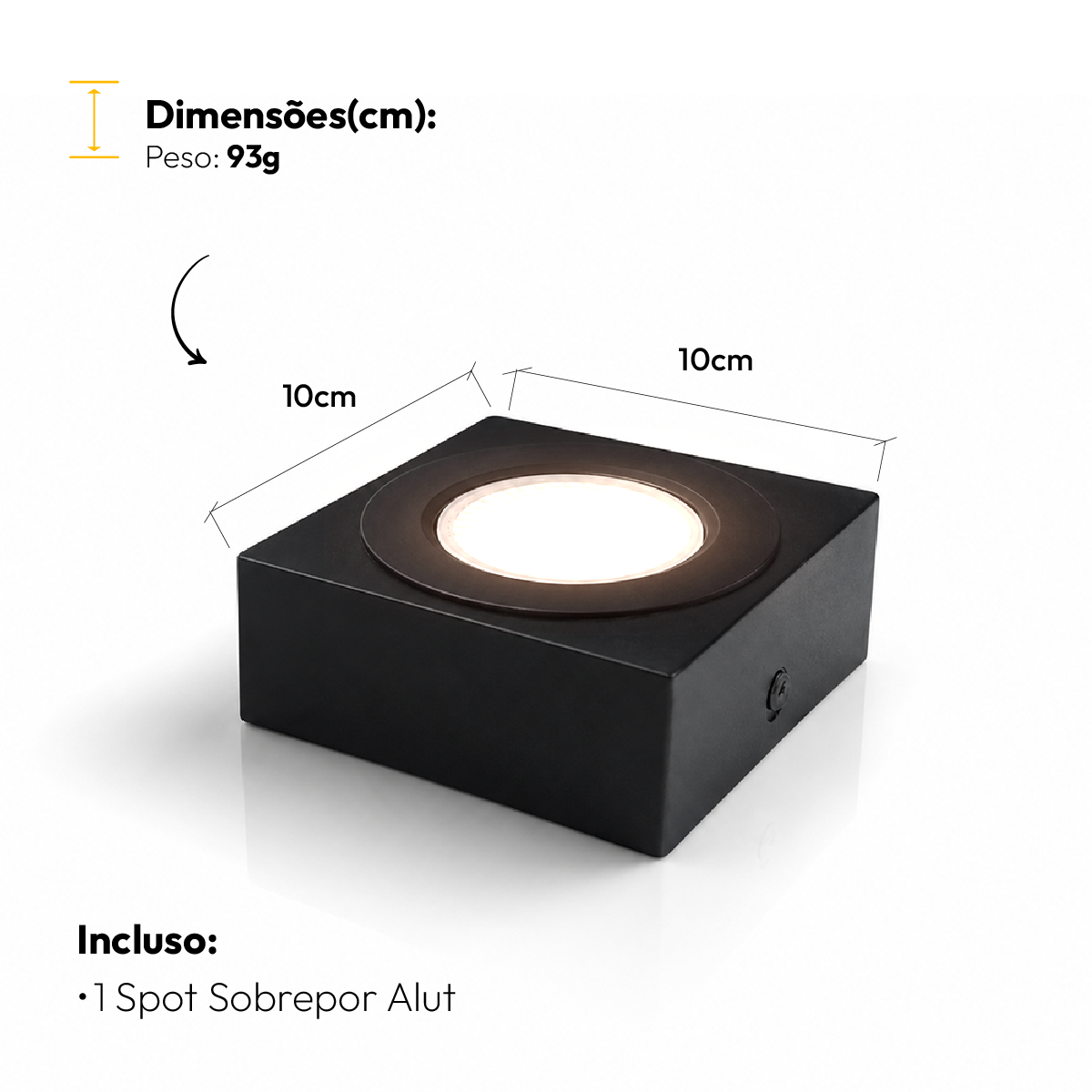 Spot Beiral Led Incluso 3000k Branco Quente Quadrado Preto Alut