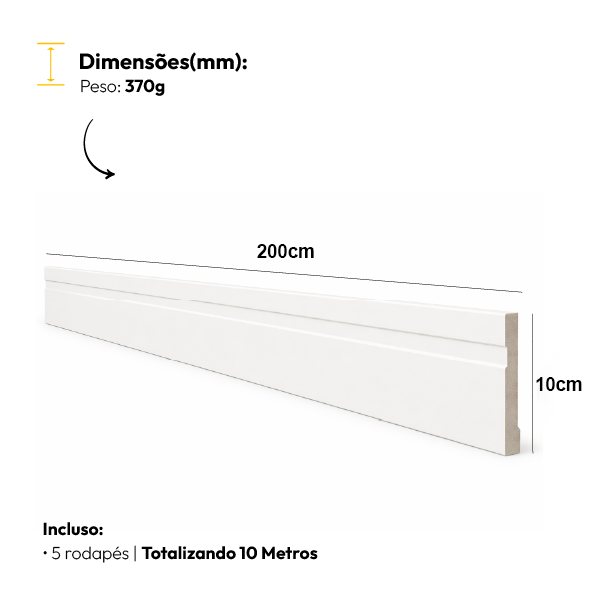 5 Barras 2m Rodapé Friso Moldura 200x10cm Branco Alut