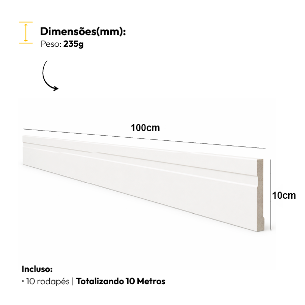 10 Barras 1m Rodapé Friso Moldura 100x10cm Branco Alut