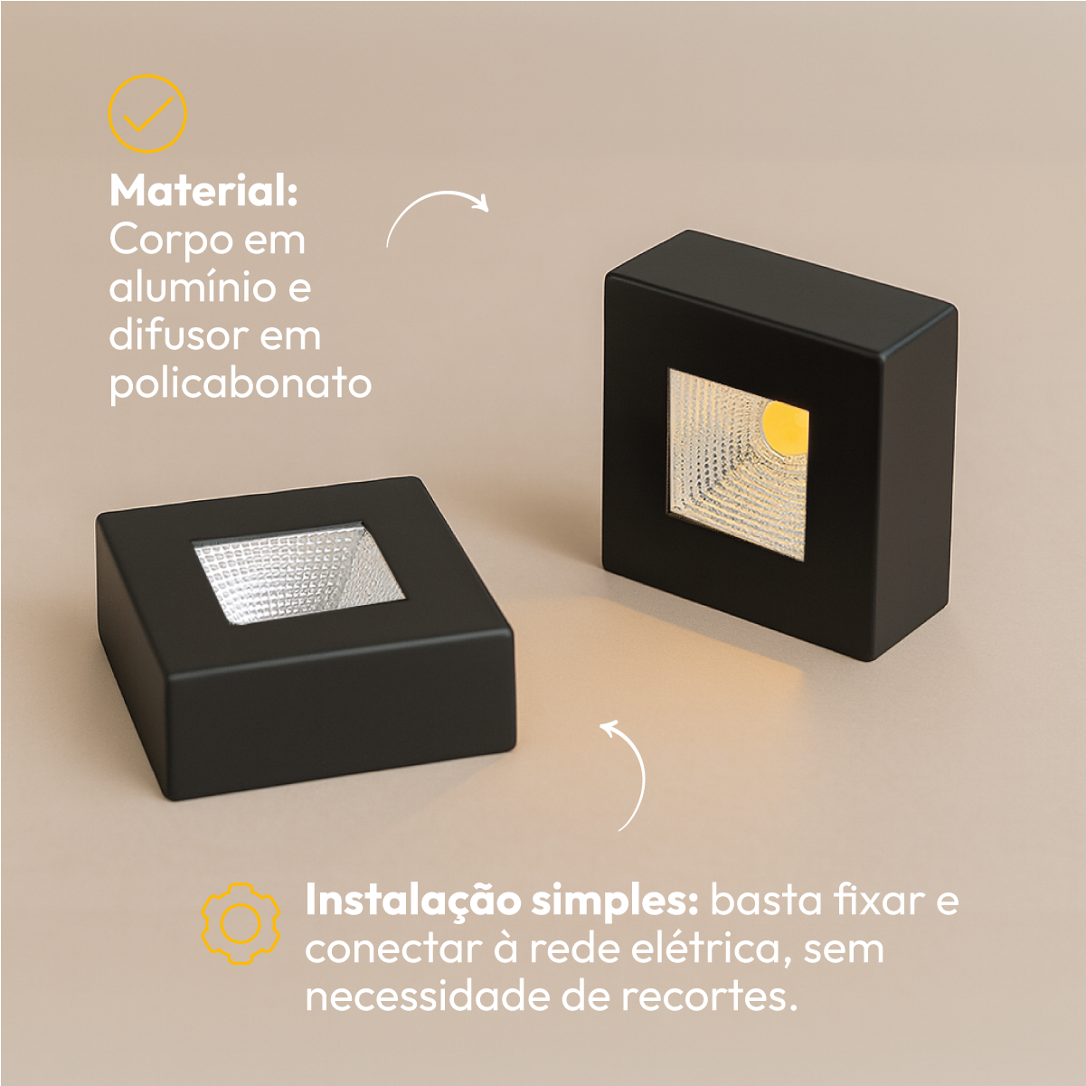 Spot Led Beiral de teto 5w 3000k Branco Quente 7.5cm Bivolt Quadrado Preto Alut
