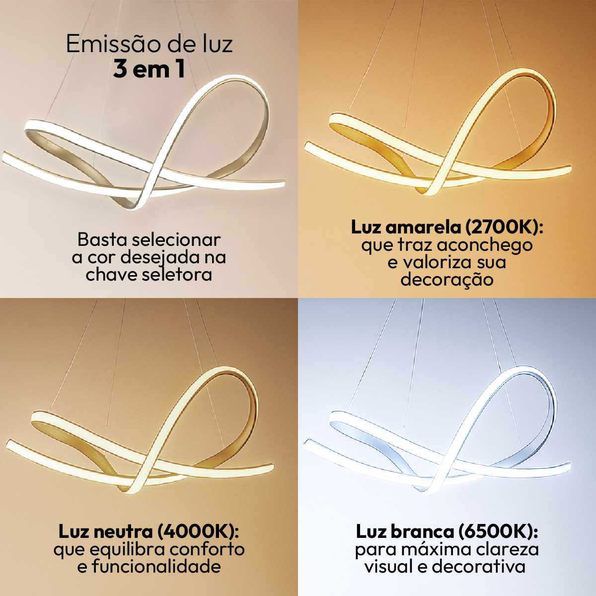 Lustre Luminaria Pendente de Led Iris 36w 3 variações de Luz Cor Dourado Alut By Avant