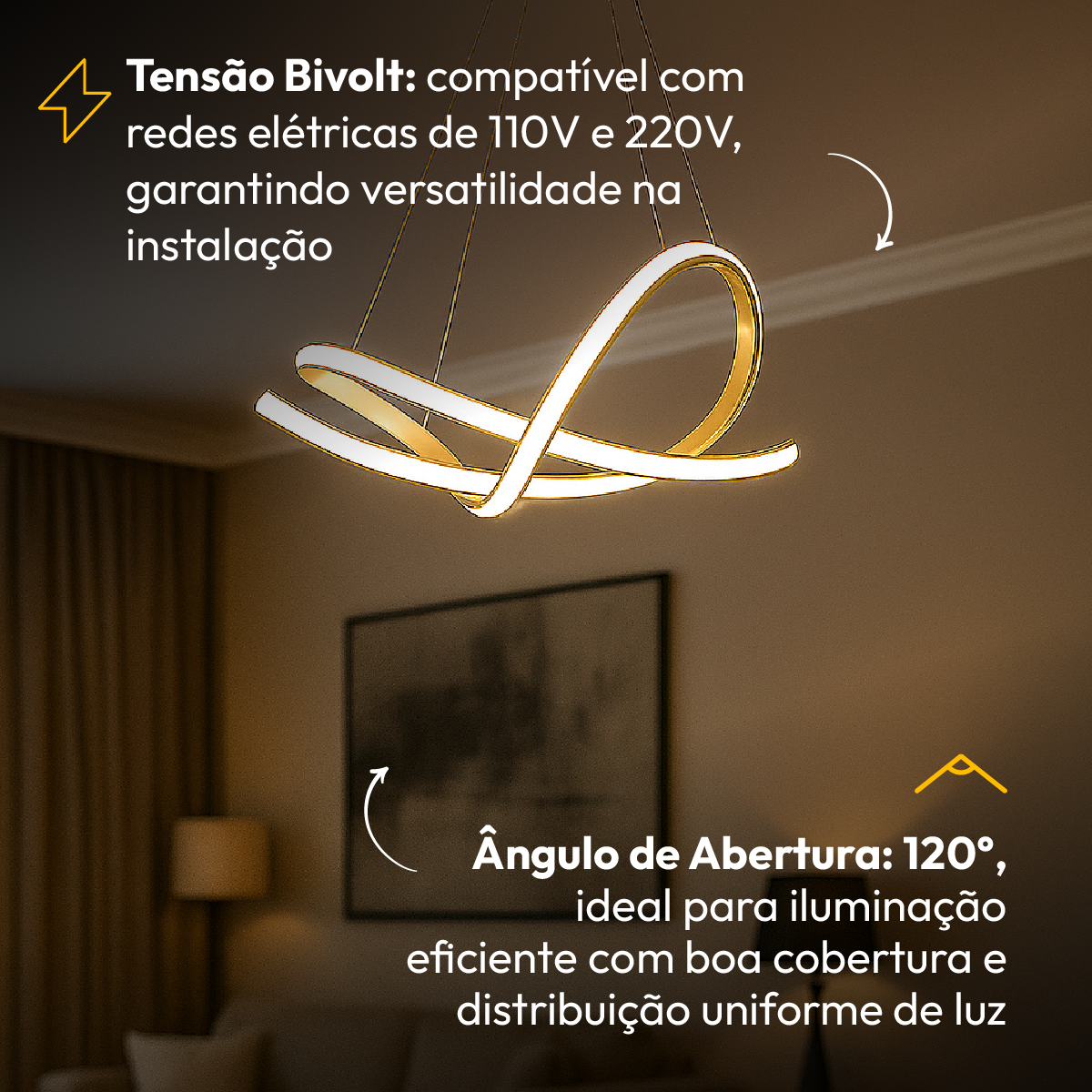 Lustre Luminaria Pendente de Led Iris 36w 3 variações de Luz Cor Dourado Alut By Avant