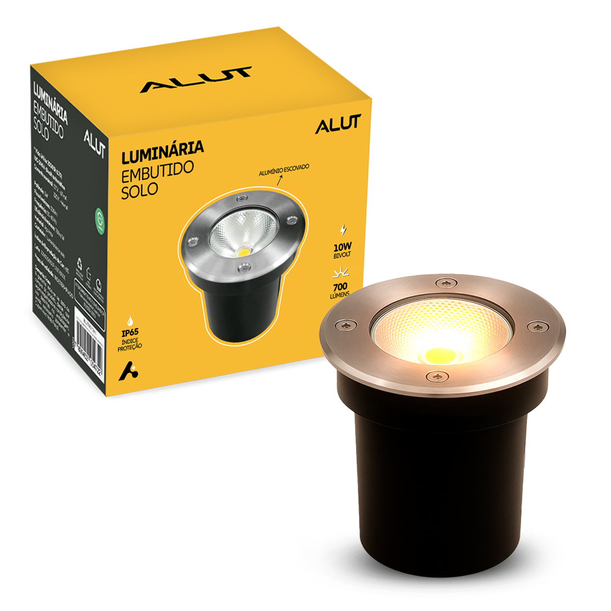 Luminária de Chão Led Solo Embutir 10w 3000k Branco Quente IP65 Bivolt Aço Escovado Alut