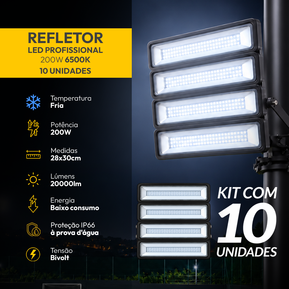 Kit 10 Refletor Led Profissional 200w 6500k Branco Frio Bivolt Ip66 a prova d'água Preto Alut - ALUT