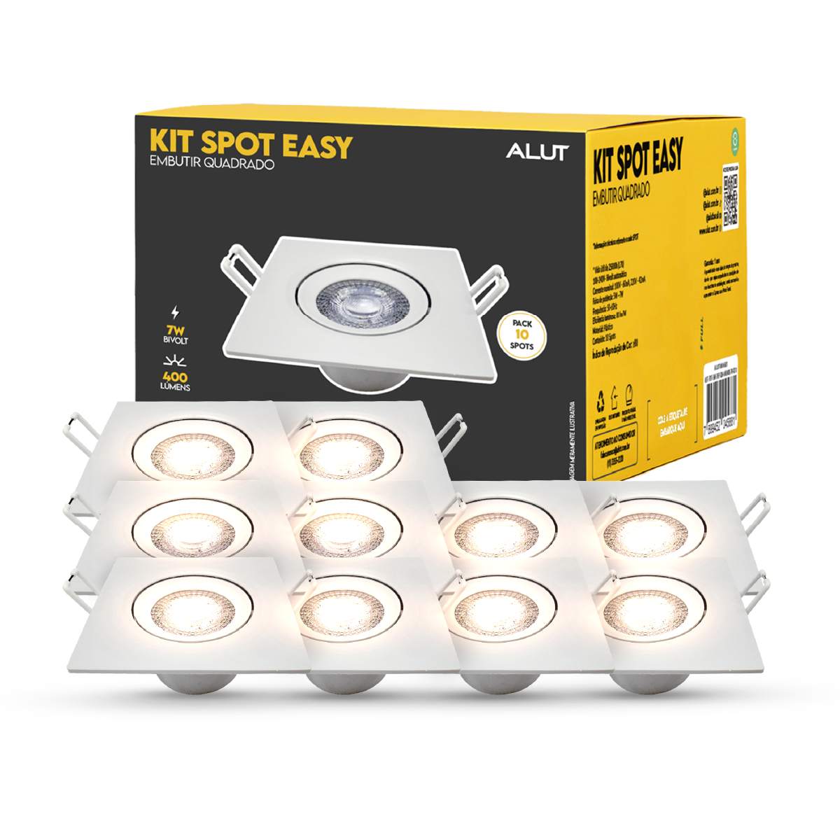 Kit 10 Spot Led Embutir 7w 3000k Branco Quente Bivolt Quadrado Alut - ALUT