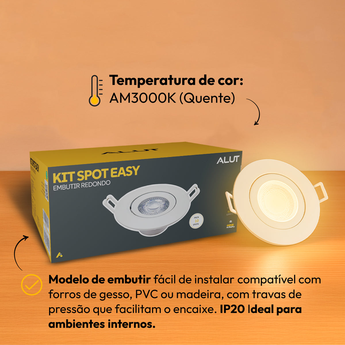 Kit 10 Spot Led Embutir 7w 3000k Branco Quente Bivolt Redondo Branco Alut - ALUT