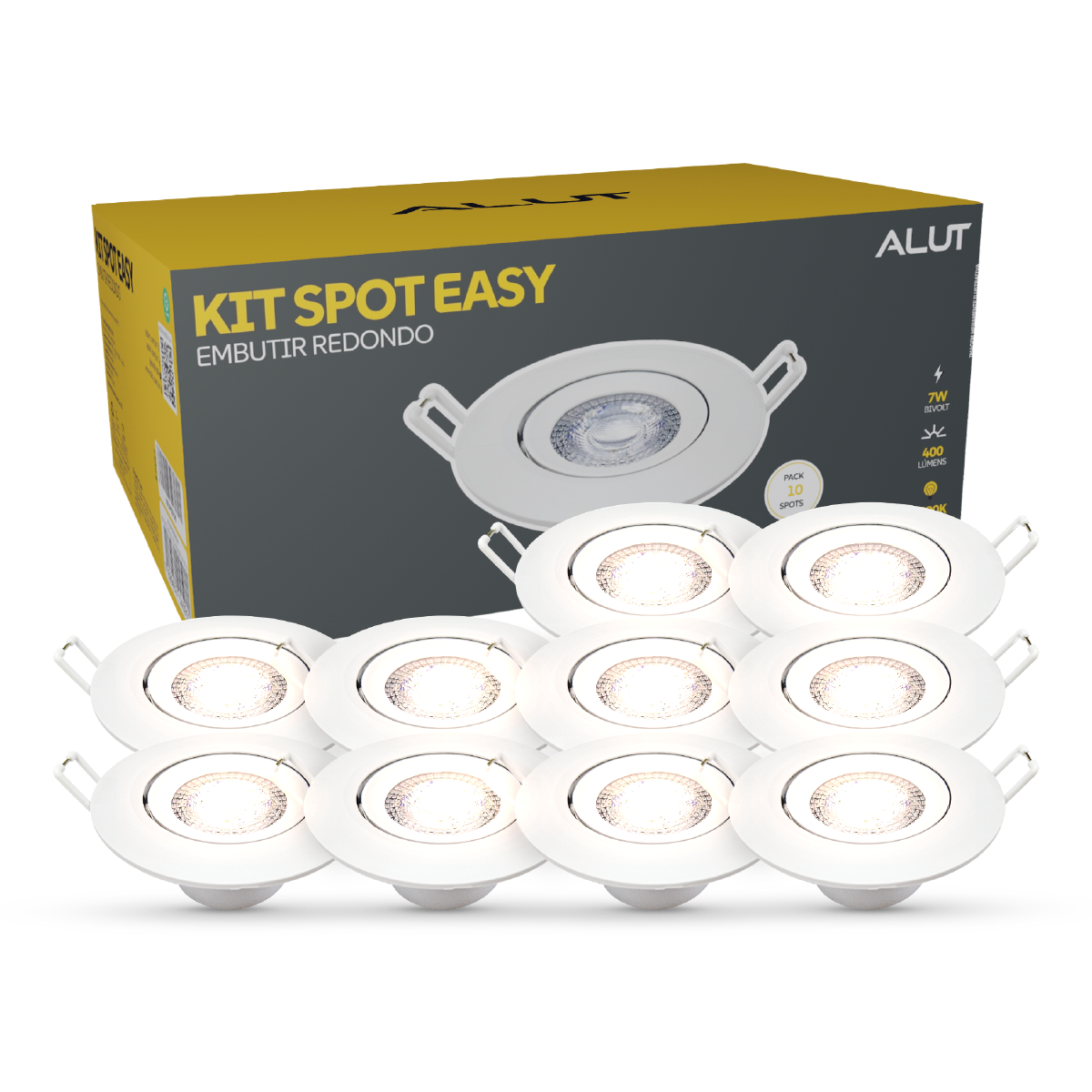 Kit 10 Spot Led Embutir 7w 3000k Branco Quente Bivolt Redondo Branco Alut - ALUT