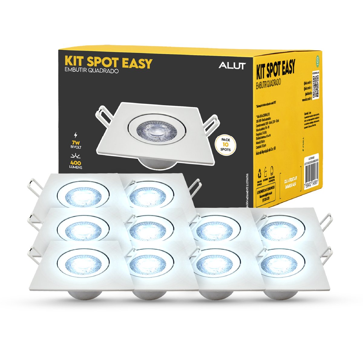 Kit 10 Spot Led Embutir 7w 6500k Branco Frio Bivolt Quadrado Branco Alut - ALUT
