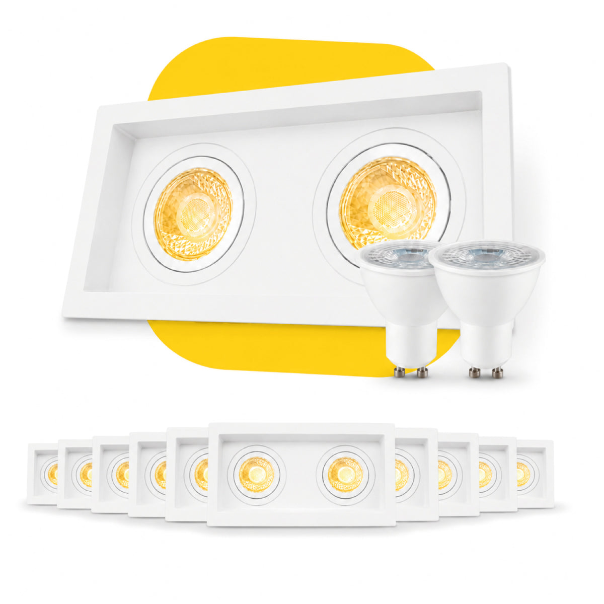 Kit 10 Spot Recuado Duplo + Lâmpada Led Dicróica MR16 4,8w 3000k Branco Quente GU10 Branco Alut - ALUT