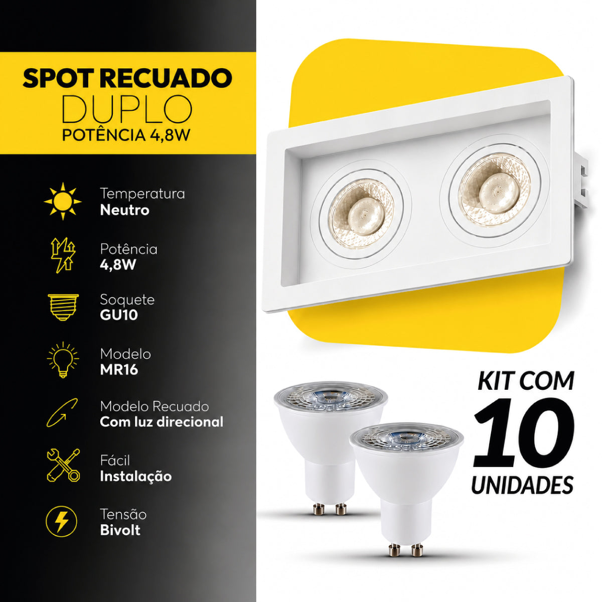 Kit 10 Spot Recuado Duplo + Lâmpada Led Dicróica MR16 4,8w 4000k Branco Neutro GU10 Branco Alut - ALUT