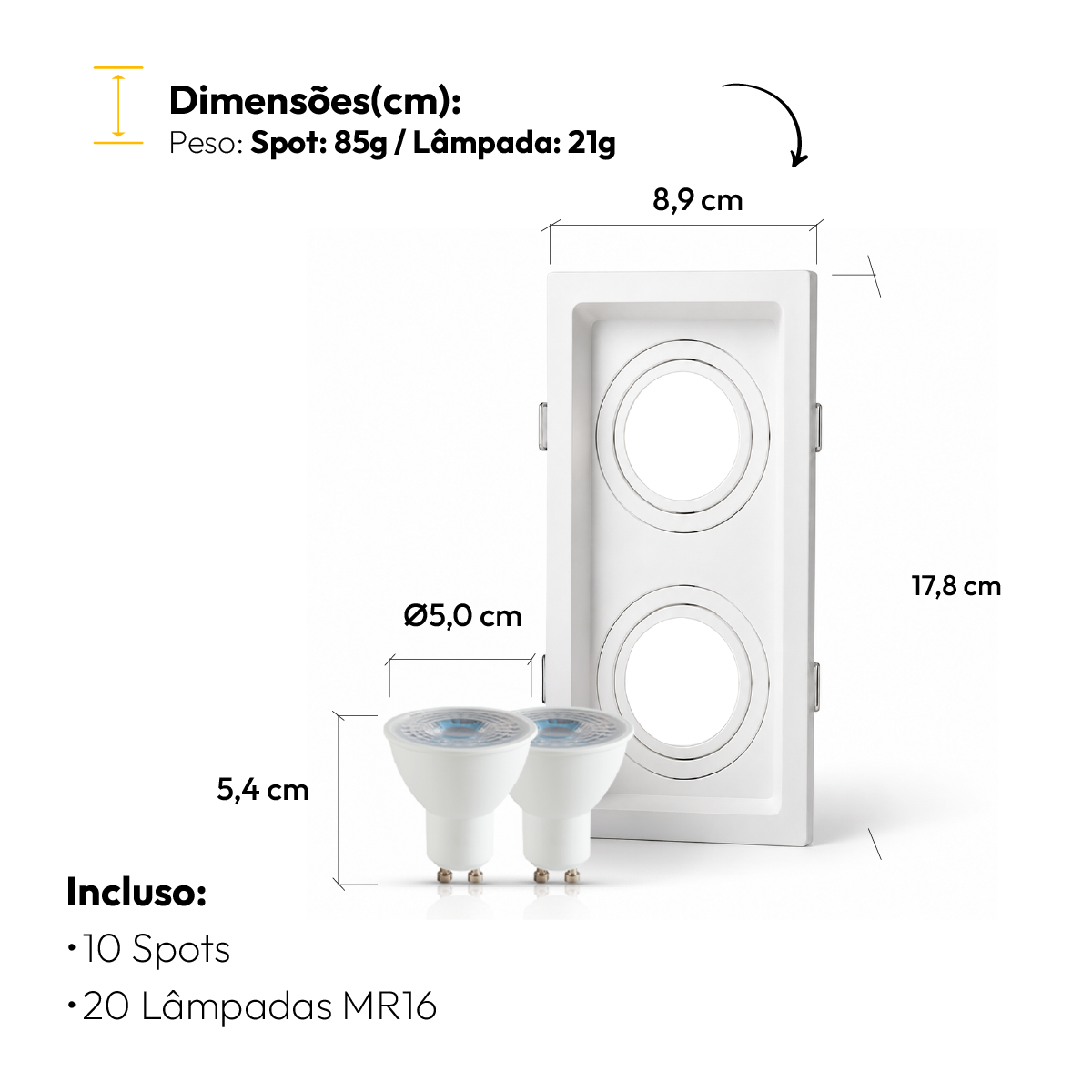 Kit 10 Spot Recuado Duplo + Lâmpada Led Dicróica MR16 4,8w 4000k Branco Neutro GU10 Branco Alut - ALUT