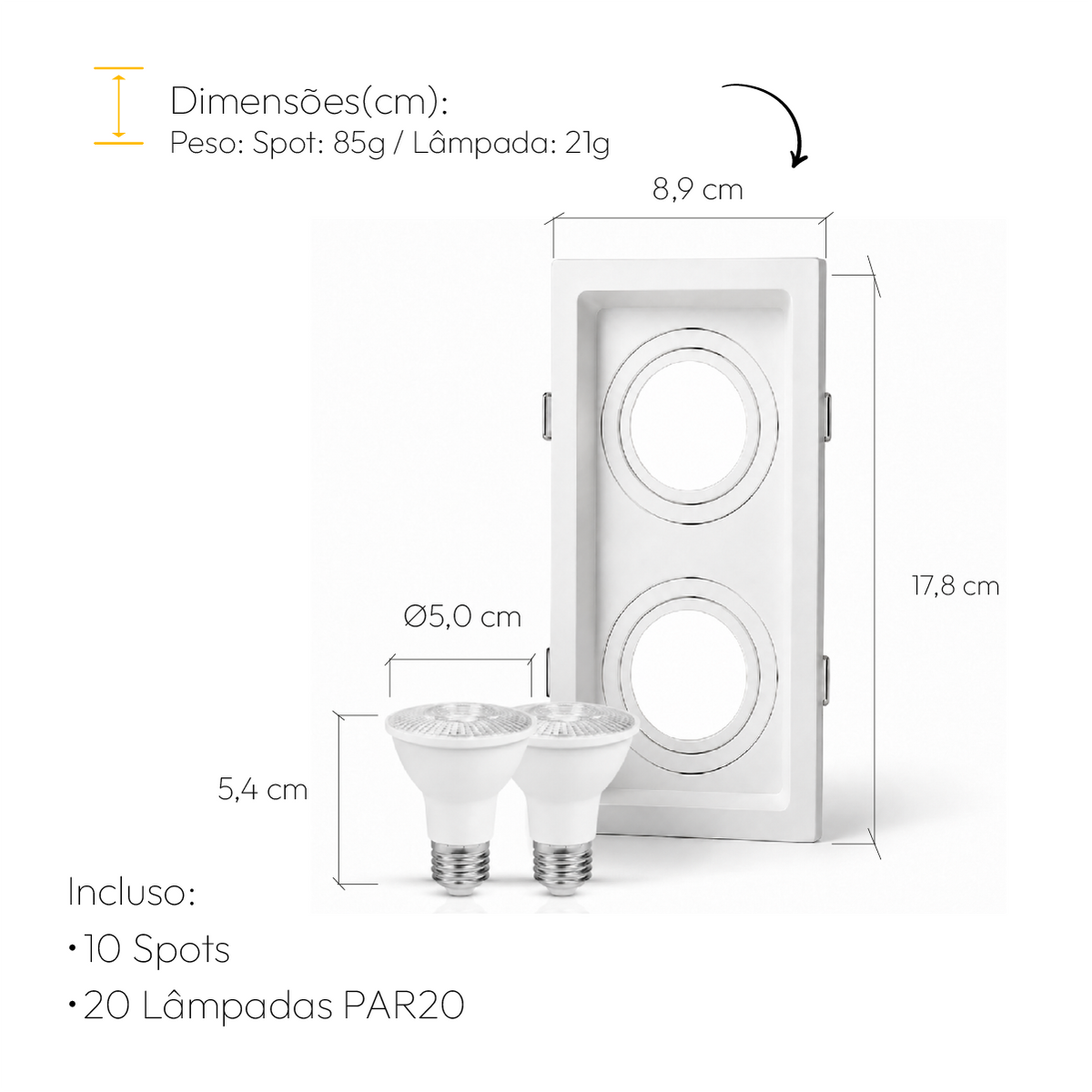 Kit 10 Spot Recuado Duplo + Lampada Led Par20 7w 3000k Branco Quente E27 Branco Alut - ALUT