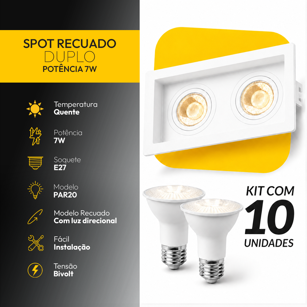 Kit 10 Spot Recuado Duplo + Lampada Led Par20 7w 3000k Branco Quente E27 Branco Alut - ALUT