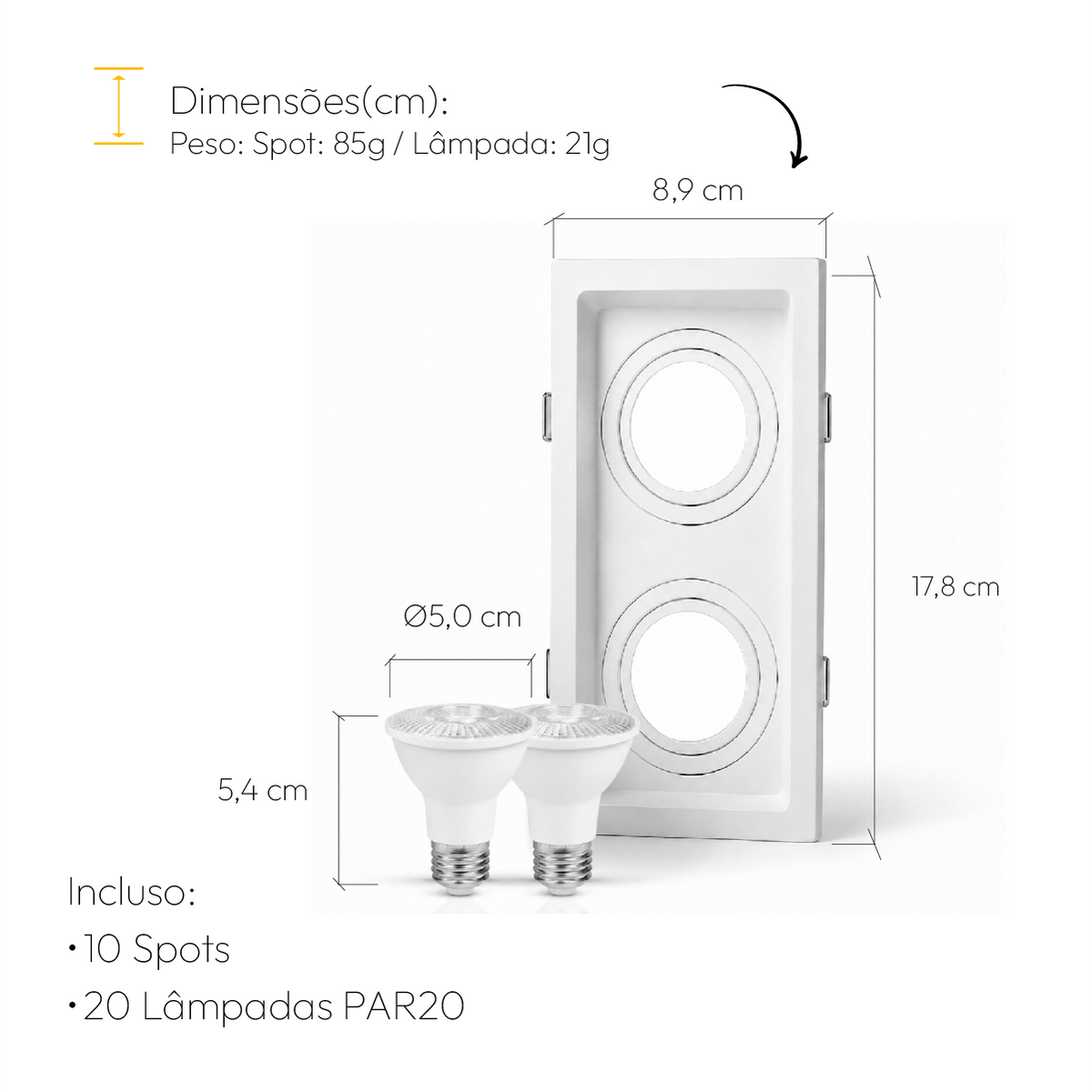 Kit 10 Spot Recuado Duplo + Lampada Led Par20 7w 4000k Branco Neutro E27 Branco Alut - ALUT