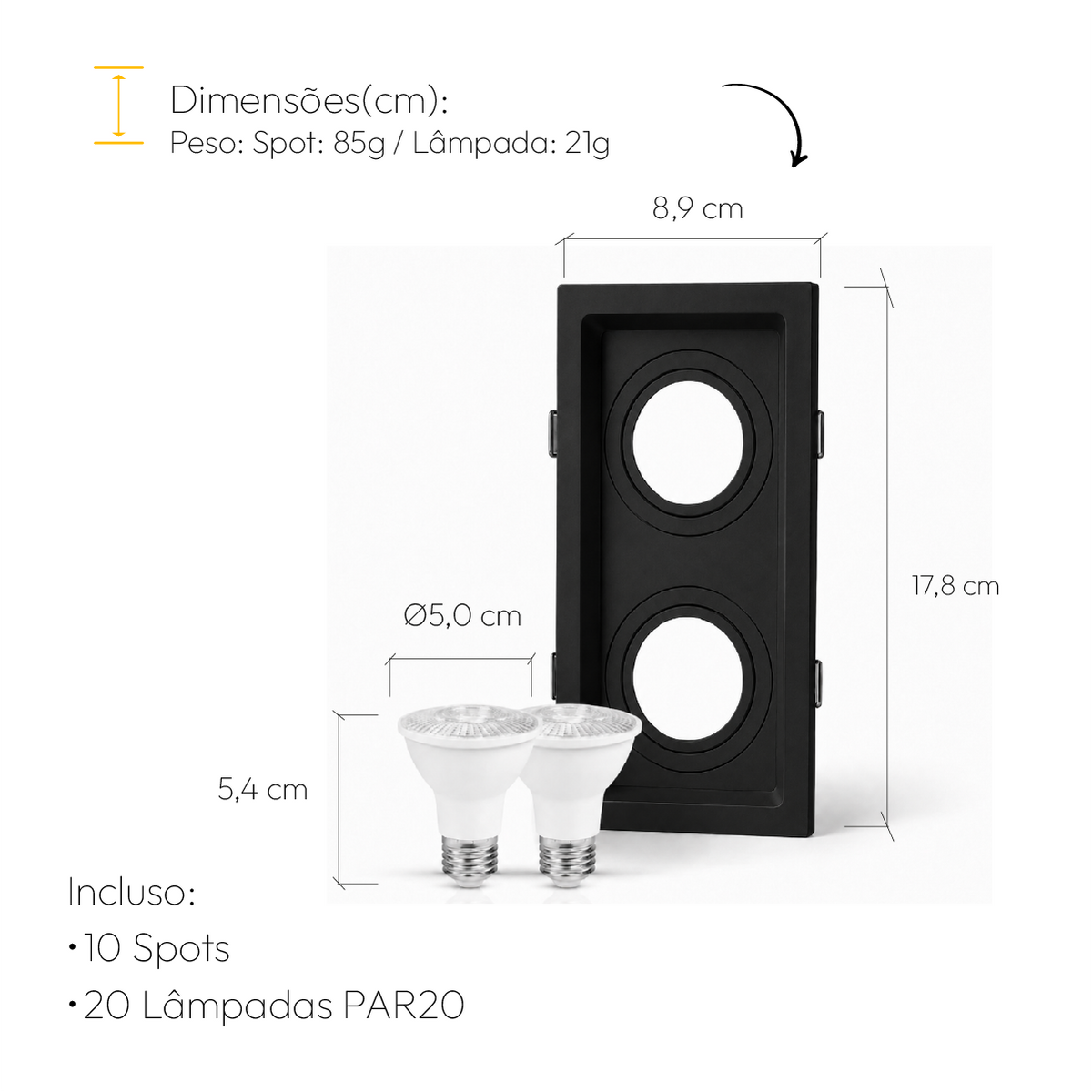 Kit 10 Spot Recuado Duplo + Lampada Led Par20 7w 4000k Branco Neutro E27 Preto Alut - ALUT