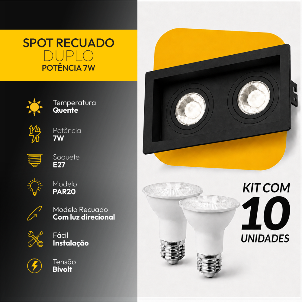 Kit 10 Spot Recuado Duplo + Lampada Led Par20 7w 4000k Branco Neutro E27 Preto Alut - ALUT