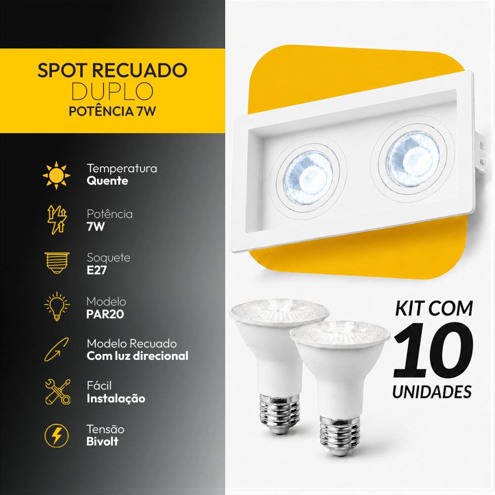 Kit 10 Spot Recuado Duplo + Lampada Led Par20 7w 6500k Branco Frio E27 Branco Alut - ALUT