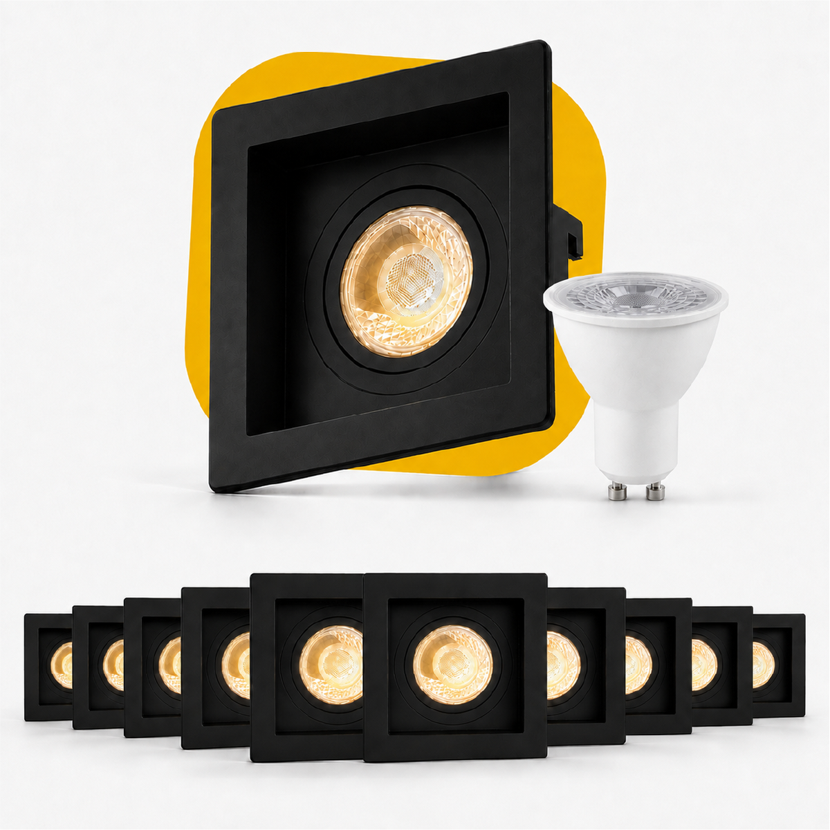 Kit 10 Spot Recuado Quadrado + Lampada Led Dicróica MR16 4,8w 3000k Branco Quente GU10 Preto Alut - ALUT